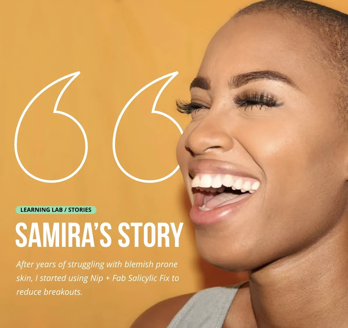 Customer quote with large quote marks on an orange background, behind a black female