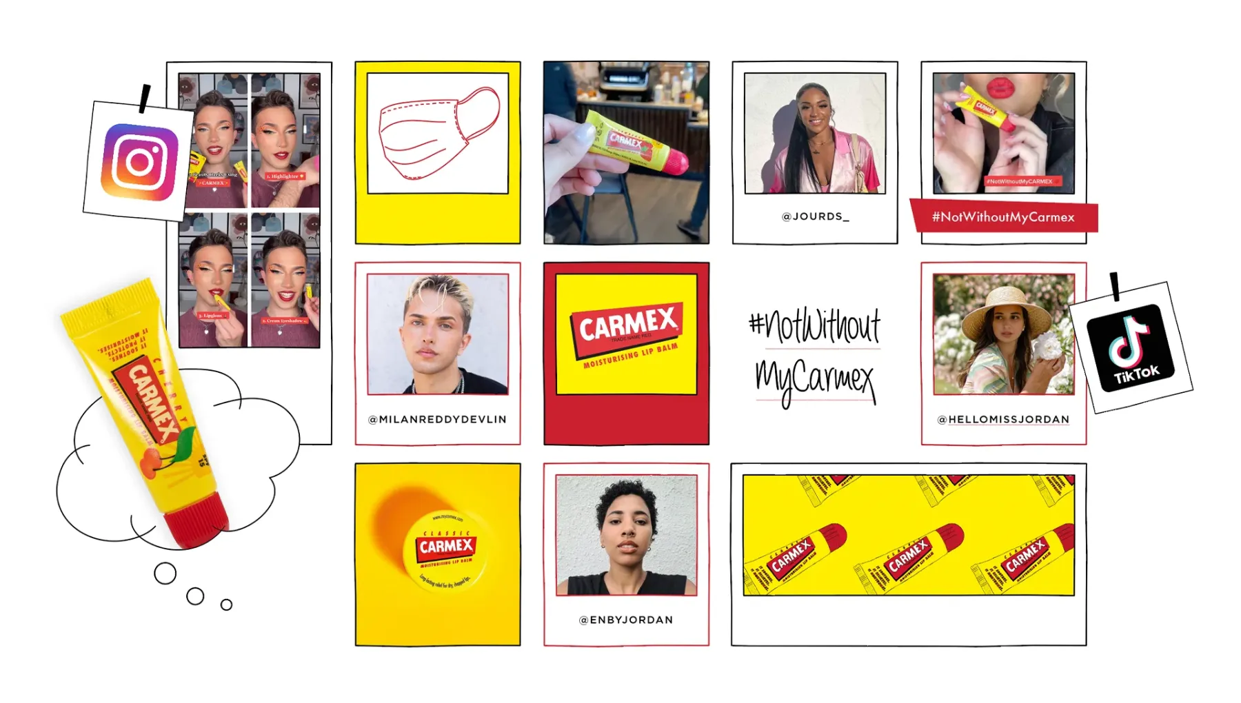 Moodboard showing various models using Carmex inside some hand drawn style frames