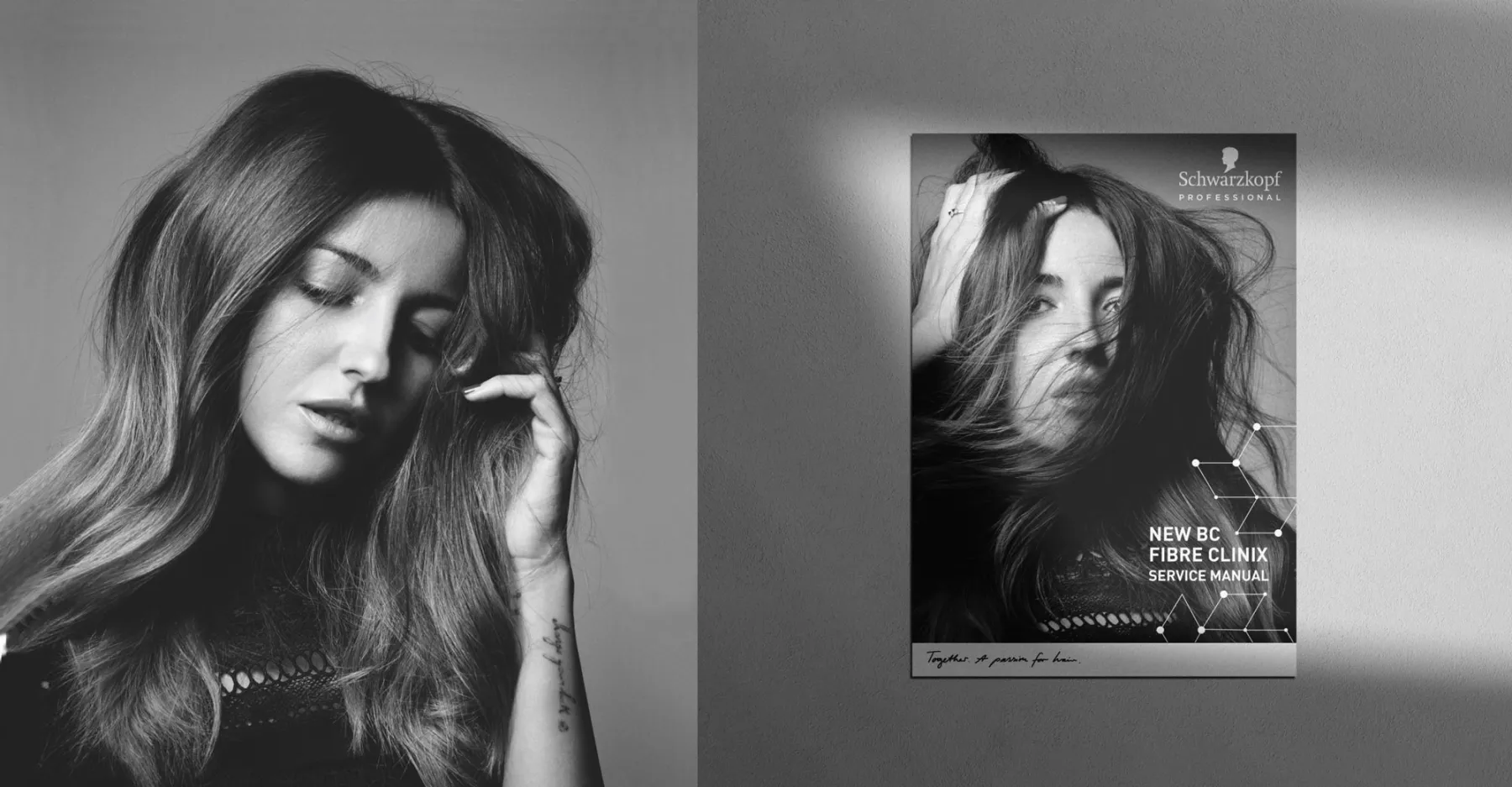 Close up of woman and poster on wall