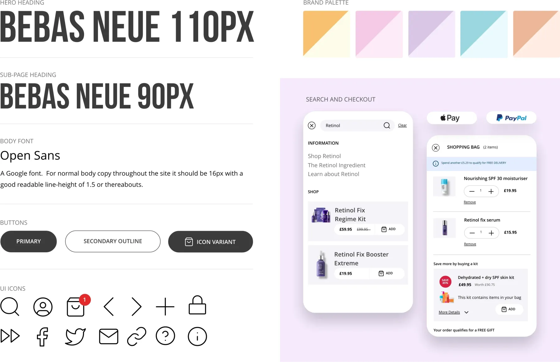 A style guide showing colours, fonts and UI in use on the site