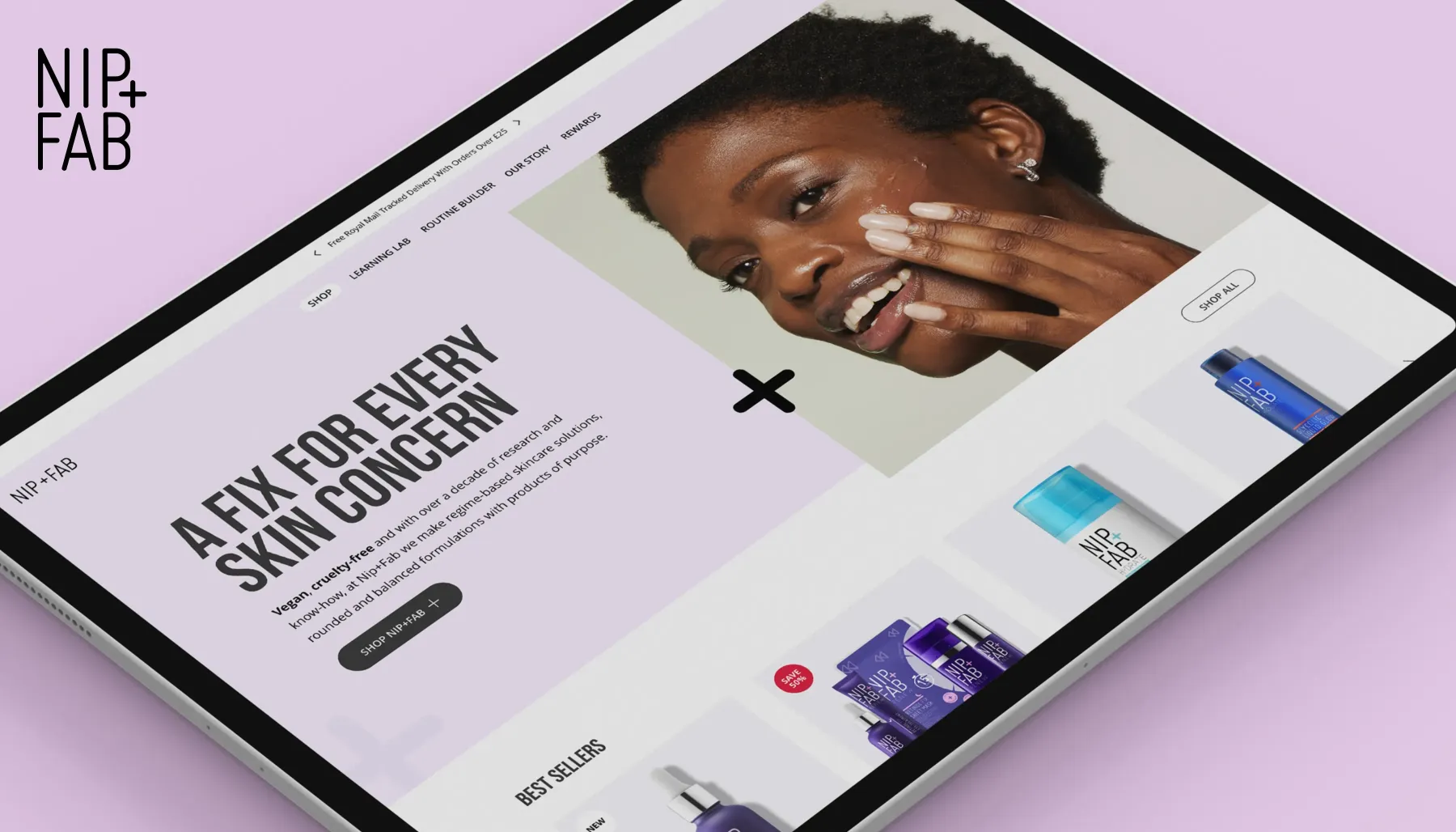The Nip + Fab home page on a teblet device at an angle